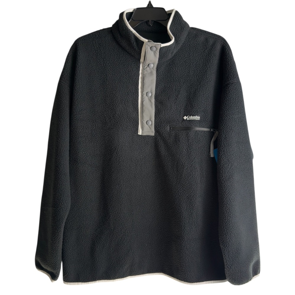 Columbia Mens XL Helvetia II Fleece Pullover Jacket Black Gray Trim Half Snap